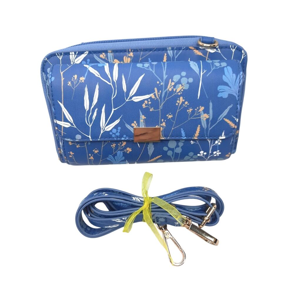 Blue Floral Crossbody Wallet Wristlet Detachable Strap Purse Zip Around Phone